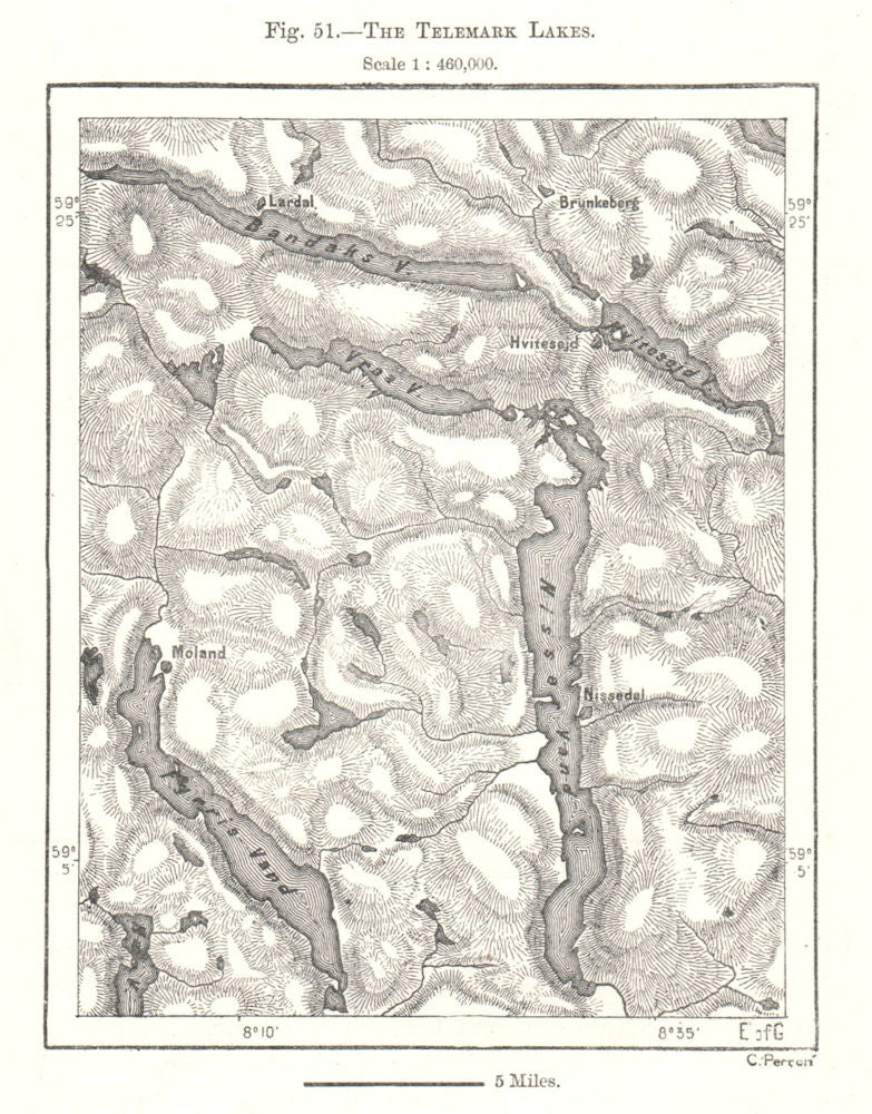 The Telemark Lakes. Norway. Sketch map 1885 old antique vintage plan chart